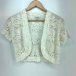 Dressbarn White Crochet Knit Short Sleeve Cardigan Sweater Womens Petite Medium